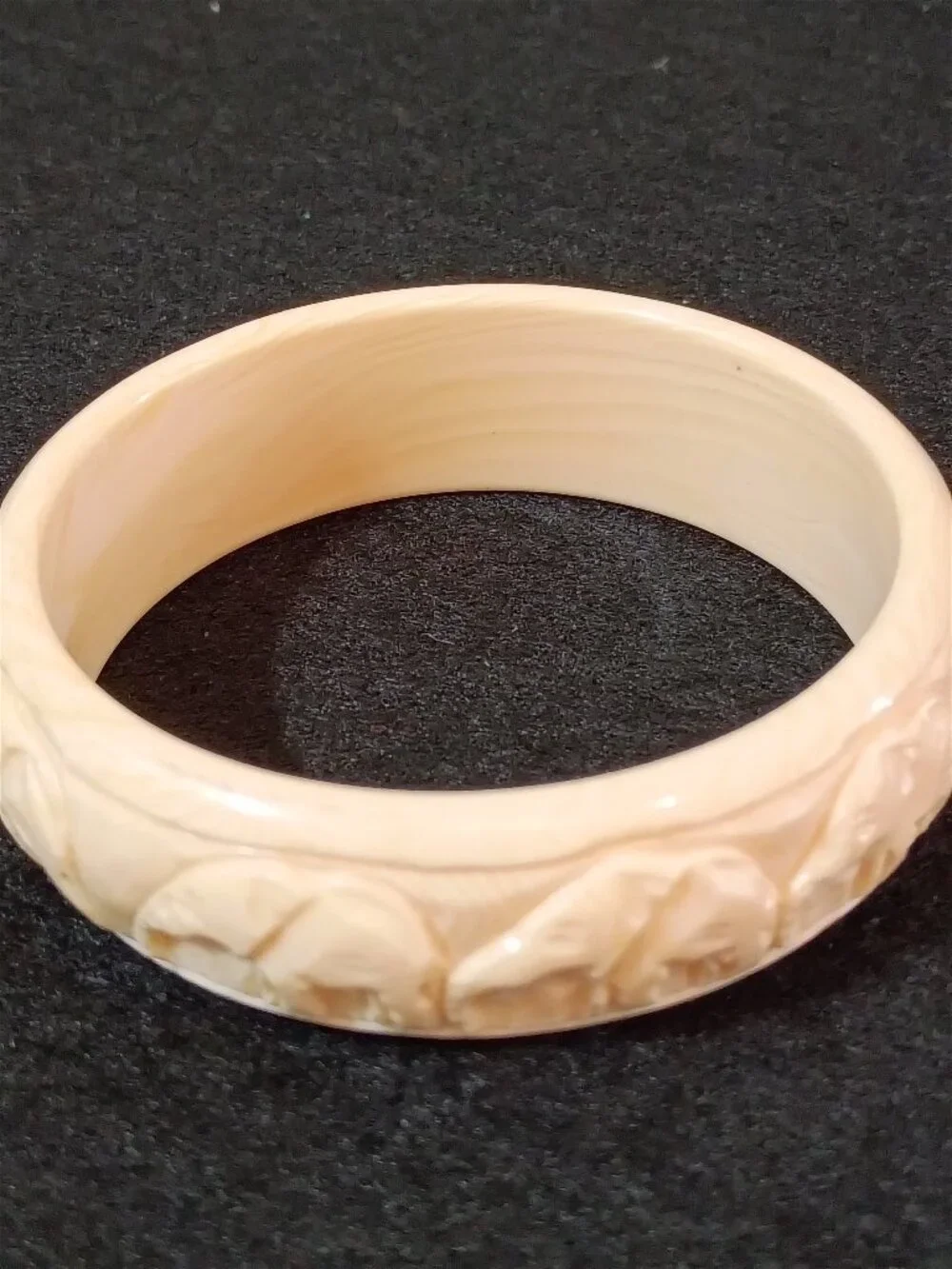 Vintage Celluloid Faux Ivory Elephant Bangle Bracelet Carved Art Deco 2.5”